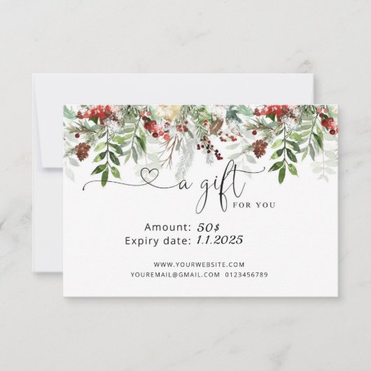 Carte Certificat cadeau de Noël à feuillage persistant (Devant)