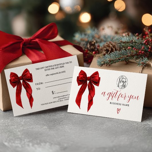 Carte Certificat cadeau de Noël avec nœud coquet rouge