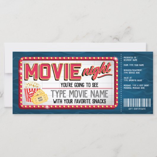 Carte Certificat cadeau de nuit pour film (Devant)