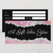 Carte certificat cadeau de parties scintillant rose étin (Devant / Derrière)