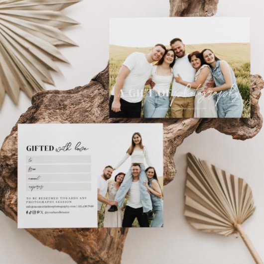 Carte Certificat cadeau de photographie de script modern