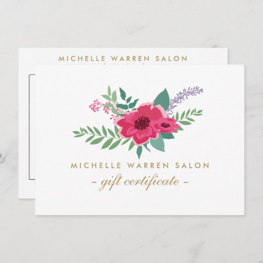 Carte Certificat Cadeau de Salon Floral Rose Élégant (Devant / Derrière)