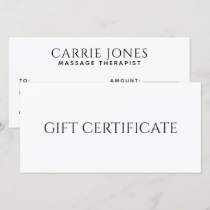Carte Certificat cadeau de thérapeute en massage simple