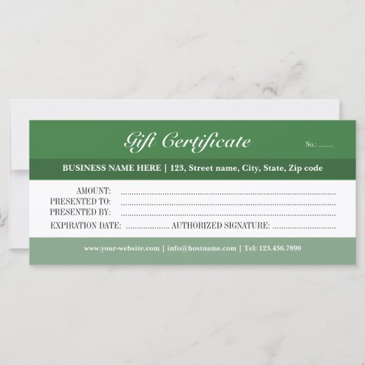 Carte Certificat cadeau de tons verts (Devant)