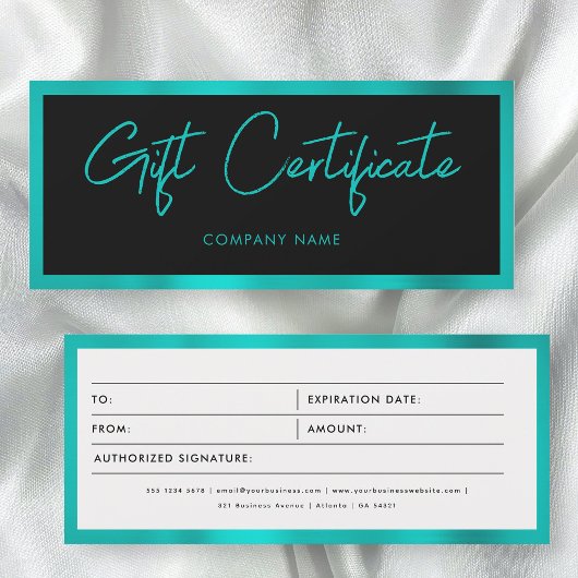 Carte Certificat cadeau d'entreprise Turquoise métalliqu