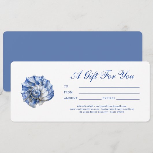 Carte Certificat cadeau du logo de coquillage bleu (Devant / Derrière)