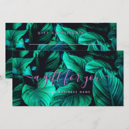 Carte Certificat Cadeau Écriture Rose Feuillage Tropical (Devant / Derrière)