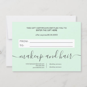 Carte Certificat cadeau élégant à la menthe verte tendan