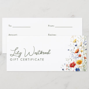 Carte Certificat Cadeau Élégant Fleur Sauvage Aquarelle