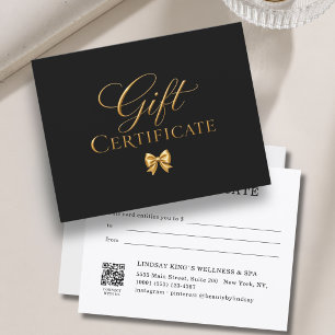 Carte Certificat-cadeau élégant noir et or avec ruban