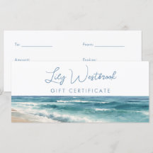 Certificat Cadeau Élégant Océan Plage Aquarelle