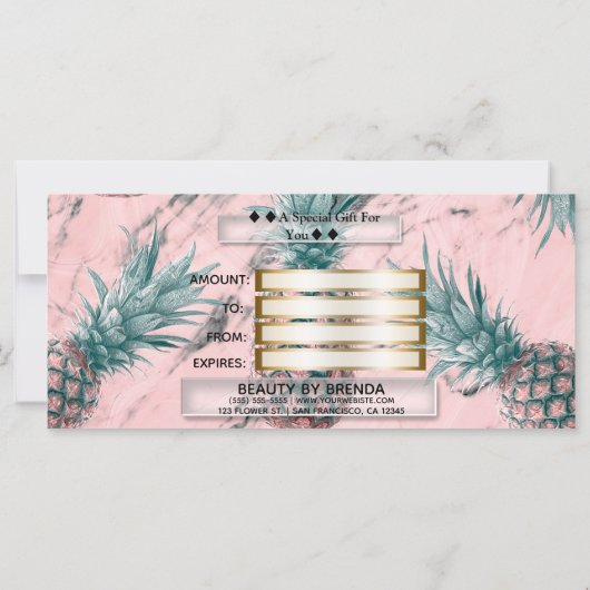 Carte Certificat cadeau en marbre rose ananas Swirl chic (Dos)