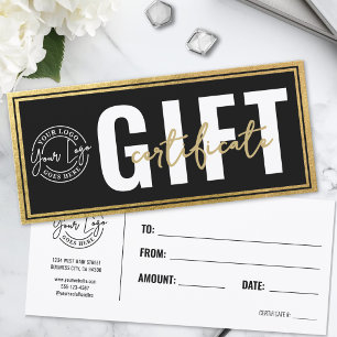 Carte Certificat Cadeau Entreprise Logo Moderne Noir Or