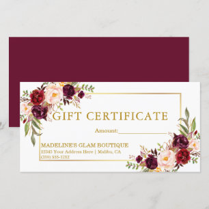 Carte Certificat Cadeau Floral Aquarelle Bourgogne Or