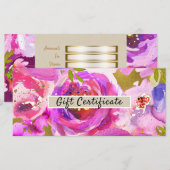 Carte Certificat Cadeau Floral Or Rose Violet Pop (Devant / Derrière)