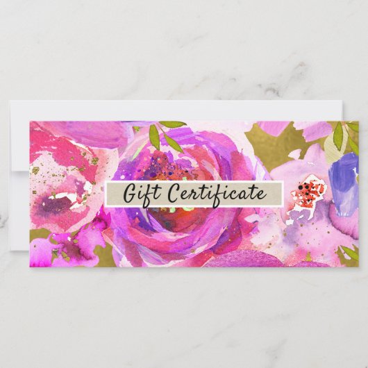 Carte Certificat Cadeau Floral Or Rose Violet Pop (Devant)