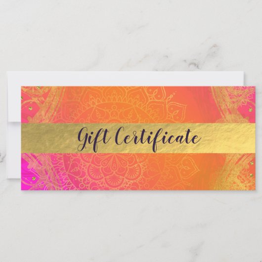 Carte Certificat-cadeau indien Fuchsia Rose Orange et Or (Devant)