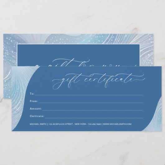 Carte Certificat cadeau Iridescente Blue Gradient de lux (Devant / Derrière)