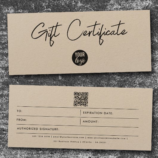 Carte Certificat cadeau Kraft Brown Business Logo QR Cod