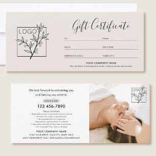 Carte Certificat Cadeau Logo Photo Moderne Blanc Cassé