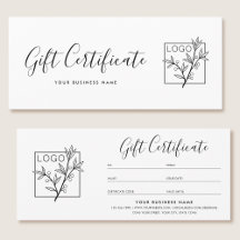 Certificat Cadeau Logo Script Minimaliste Blanc