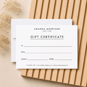Carte Certificat Cadeau Luxe Minimaliste Blanc