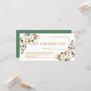 Carte Certificat Cadeau Magnolias Aquarelle Roses Vert