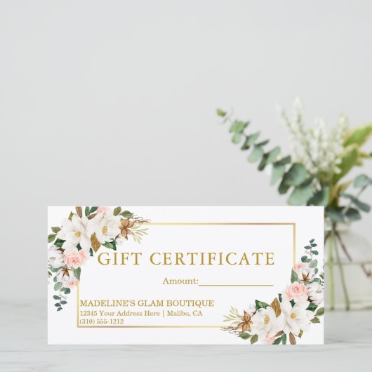 Carte Certificat Cadeau Magnolias Roses Vert Aquarelle (Debout devant)