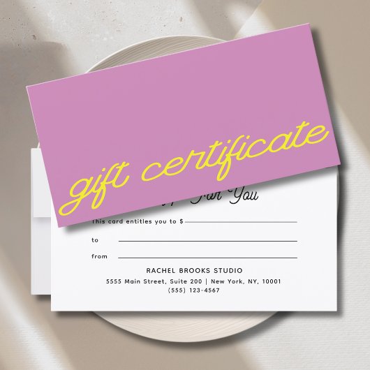 Carte Certificat Cadeau Mauve Rose Écriture Moderne