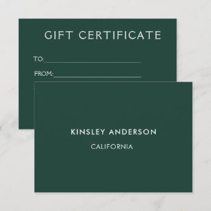 Carte Certificat cadeau minimaliste de luxe Emerald Gree