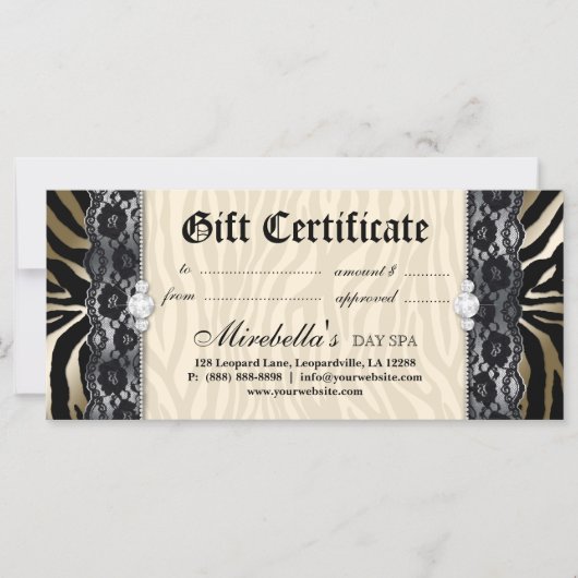 Carte Certificat cadeau mode Zebra Lace Gold Cream (Devant)