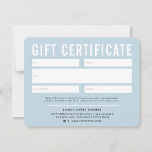 Carte CERTIFICAT CADEAU moderne affaires bleu pâle