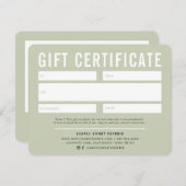 Carte CERTIFICAT CADEAU moderne affaires vert pâle sauge (Devant / Derrière)