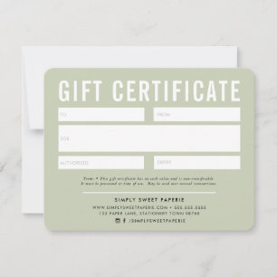 Carte CERTIFICAT CADEAU moderne affaires vert pâle sauge