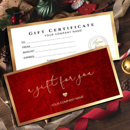 Carte Certificat cadeau moderne Red And Gold Ajouter Log