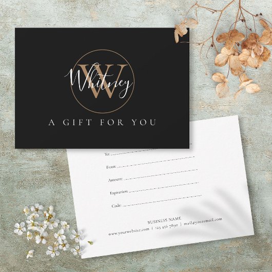 Carte Certificat Cadeau Monogramme Noir Blanc Or Script