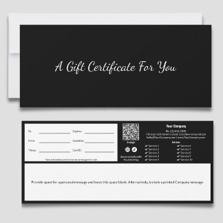 Carte Certificat Cadeau Noir Blanc Minimaliste Professio