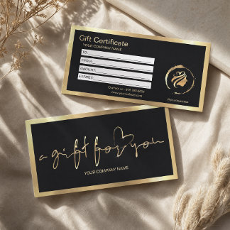 Carte Certificat Cadeau Noir Élégant & Faux Papier D'or