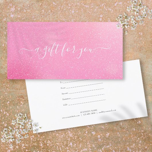 Carte Certificat Cadeau Paillettes Rose Chic
