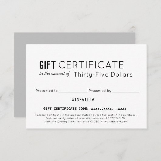 Carte Certificat cadeau personnalisé pour les clients pr (Devant / Derrière)