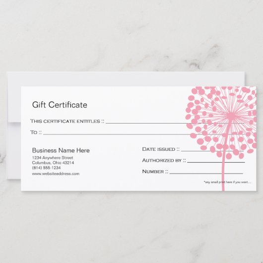 Carte Certificat cadeau Pink Dandelion Flower Design 4 (Devant)
