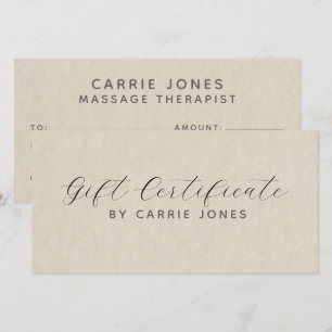 Carte Certificat cadeau pour thérapeute en massage simpl