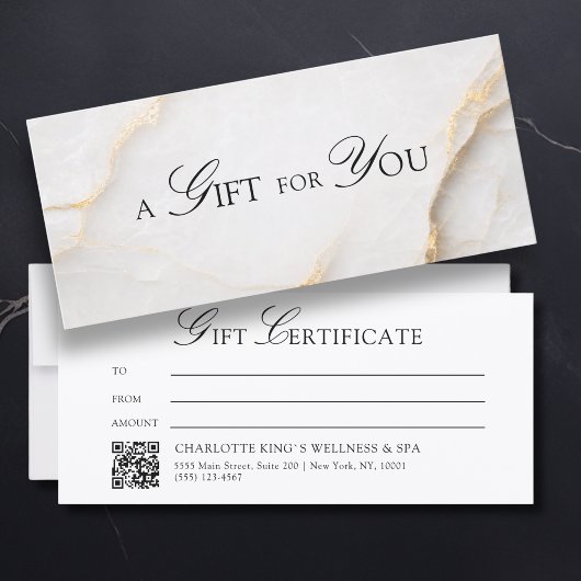 Carte Certificat Cadeau QR Code en Marbre Blanc Élégant