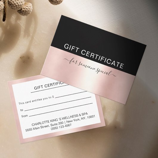 Carte Certificat cadeau Rose de luxe Gold & Black