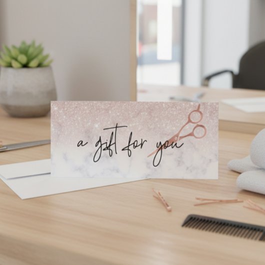 Carte Certificat cadeau Rose en marbre or ciseaux cheveu