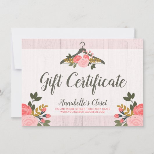 Carte Certificat cadeau Rose Floral Vêtements penderie (Devant)