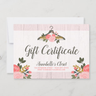 Carte Certificat cadeau Rose Floral Vêtements penderie