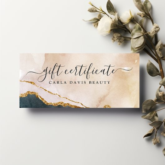 Carte Certificat cadeau rose noir aquarelle Script