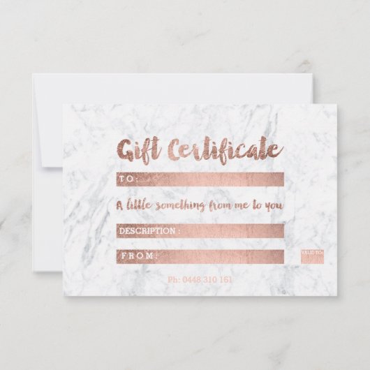 Carte Certificat cadeau rose or typographie marbre blanc (Dos)