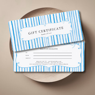 Carte Certificat Cadeau Ruban Vintage Bleu Blanc Rayé